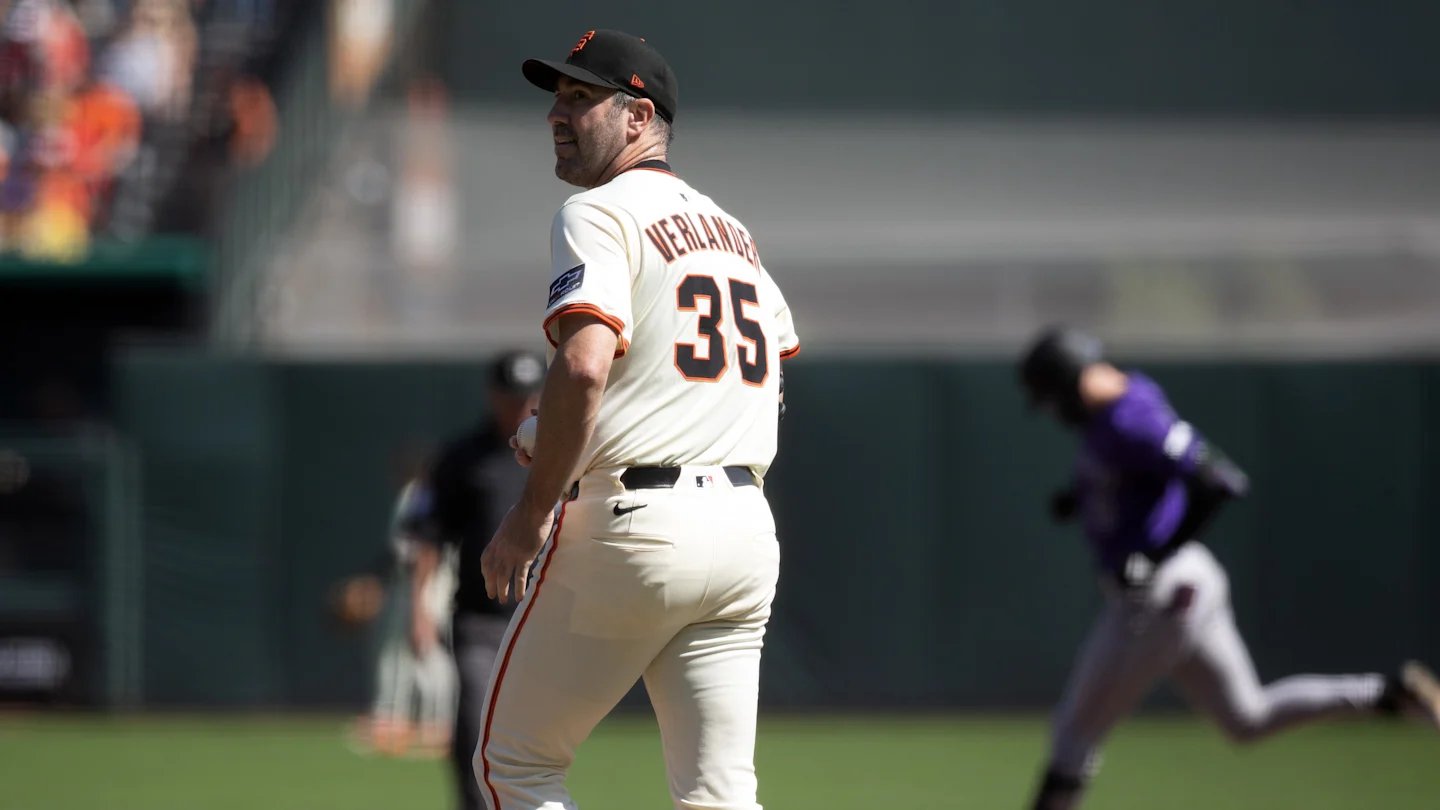 Sep 27, 2025; San Francisco, California, USA; San Francisco Giants starting pitcher Justin Verlander (35) waits while Colorado Rockies center fielder Brenton Doyle (9) runs out his solo home run during the second inning at Oracle Park. Mandatory Credit: D. Ross Cameron-Imagn Images