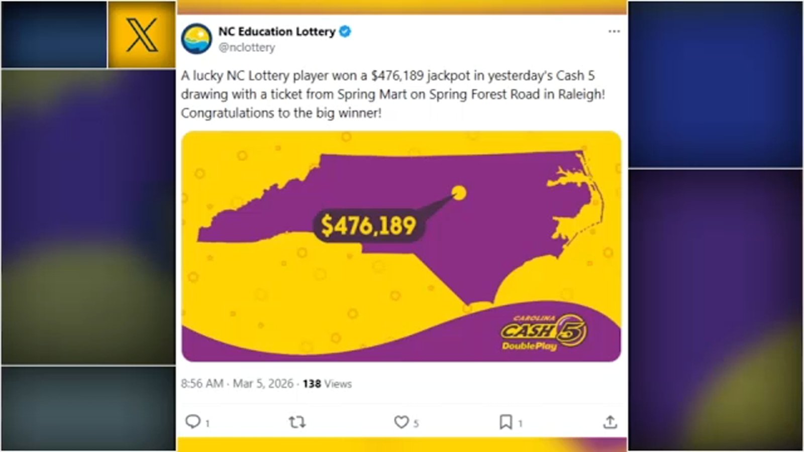 Raleigh lottery player hits Cash Five jackpot worth more than $450,000