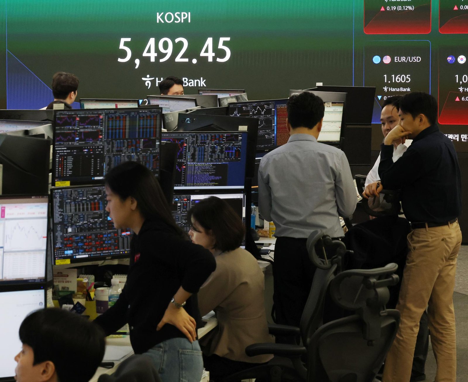 The benchmark Korea Composite Stock Price Index (KOSPI) is shown on the screen inside the dealing room at Hana Bank in central Seoul, Wednesday. Yonhap