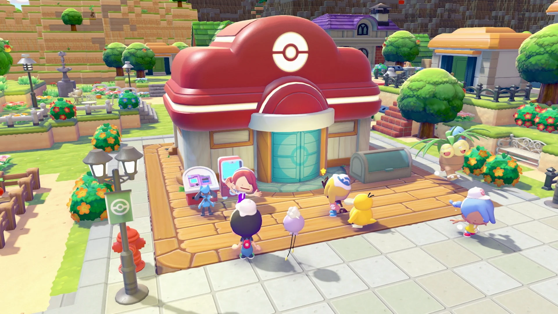Ditto and friends outside a Pokémon Center in Pokémon Pokopia