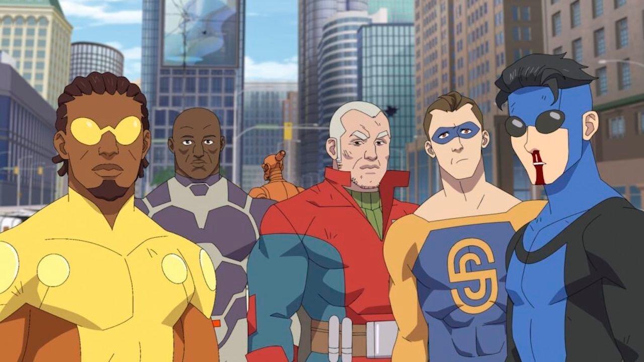 five costumed superheroes from an animated series